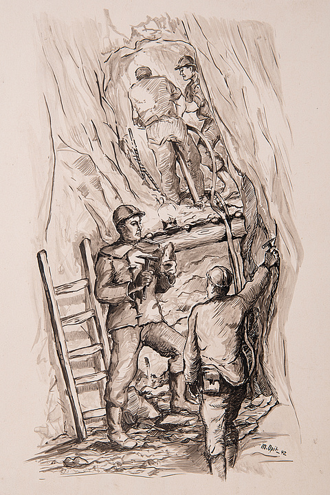 Die Federzeichnung mit schwarzer Tusche von Max Opitz aus dem Jahr 1942 zeigt vier Bergmänner
